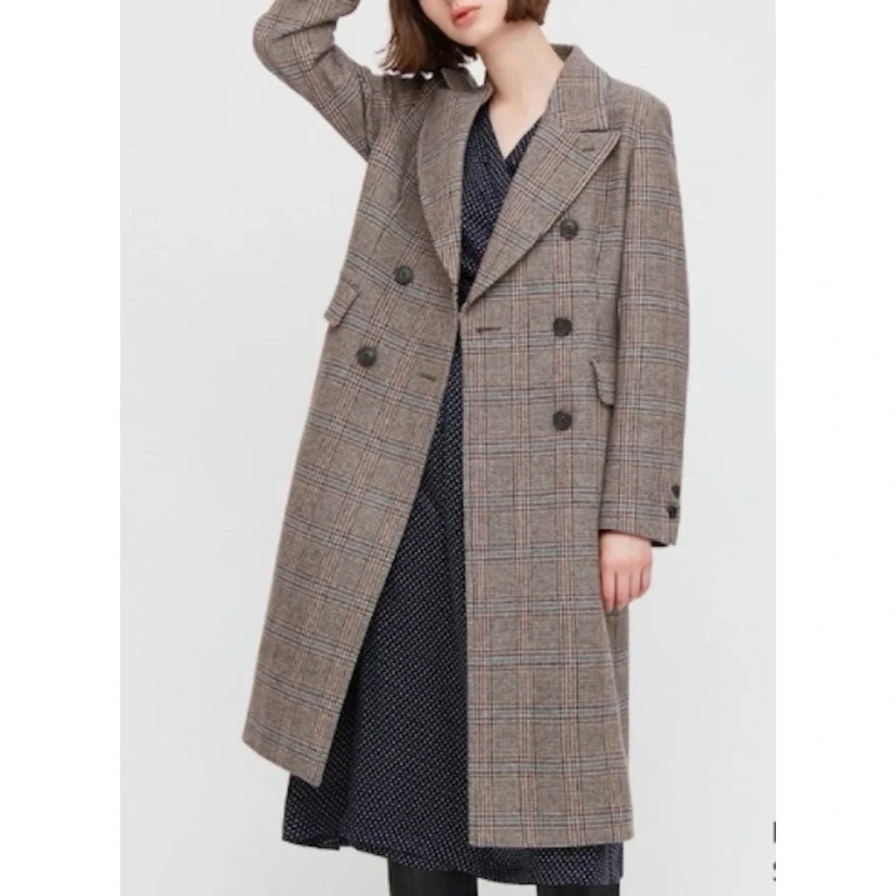 UNIQLO Ines de la Fressange IDLF Double Breasted Plaid Tweed Coat M Wool New - Picture 2 of 14